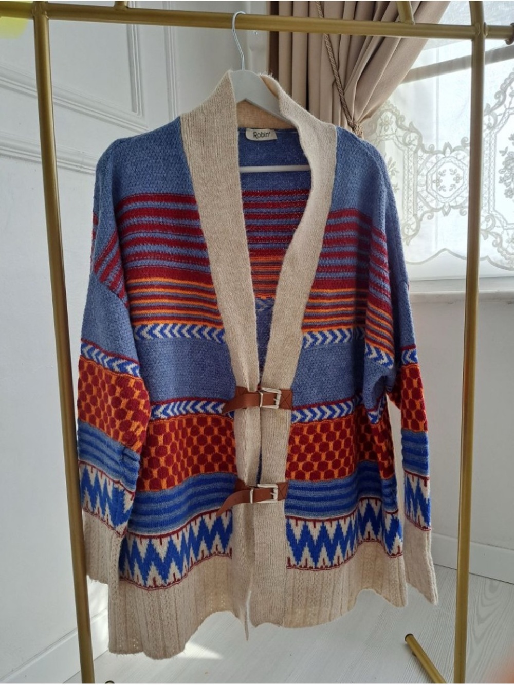 Vintage Bouclé Cardigan in Blue, Red, Cream with Geometric Stripes